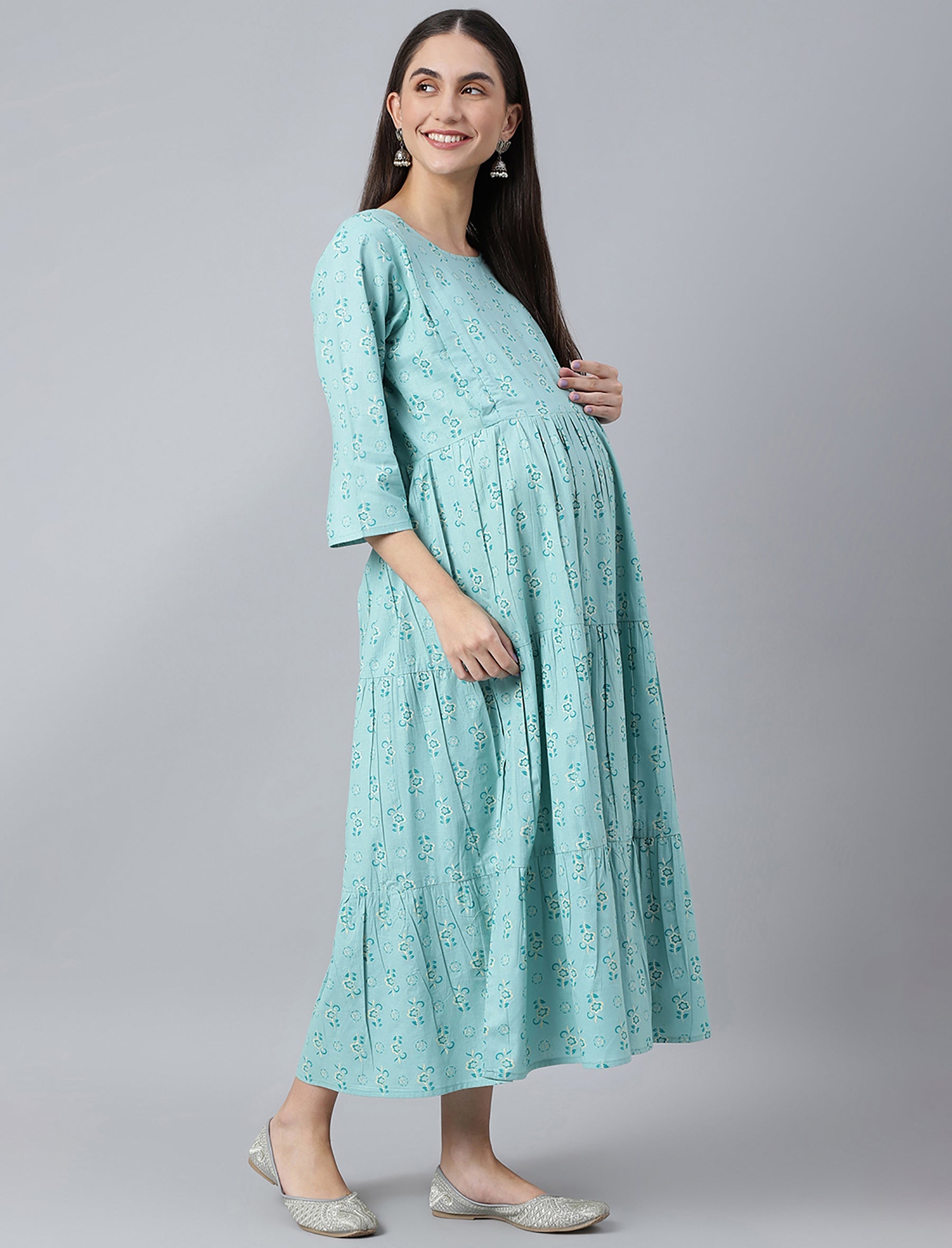 Dark Firozi Butti Printed Cotton Maternity/Feeding Gown