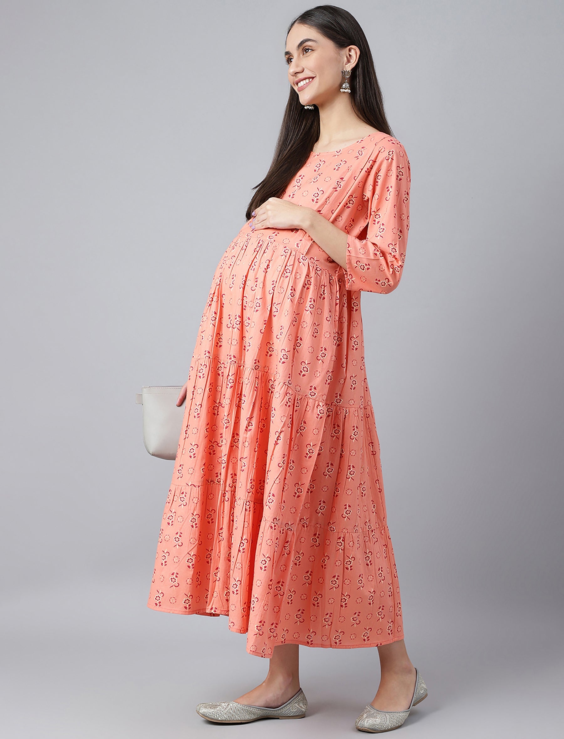 Orange Butti Printed Cotton Maternity/Feeding Gown