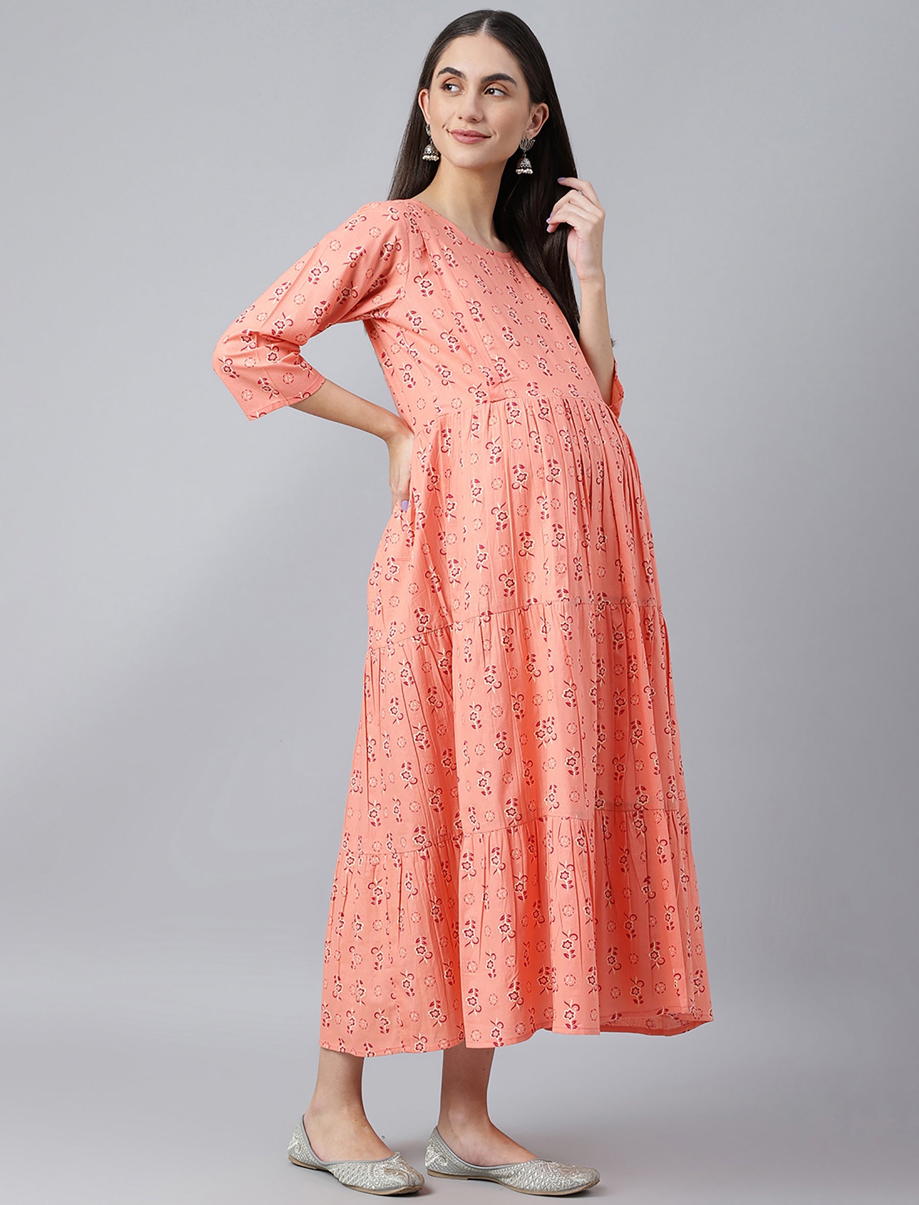 Orange Butti Printed Cotton Maternity/Feeding Gown