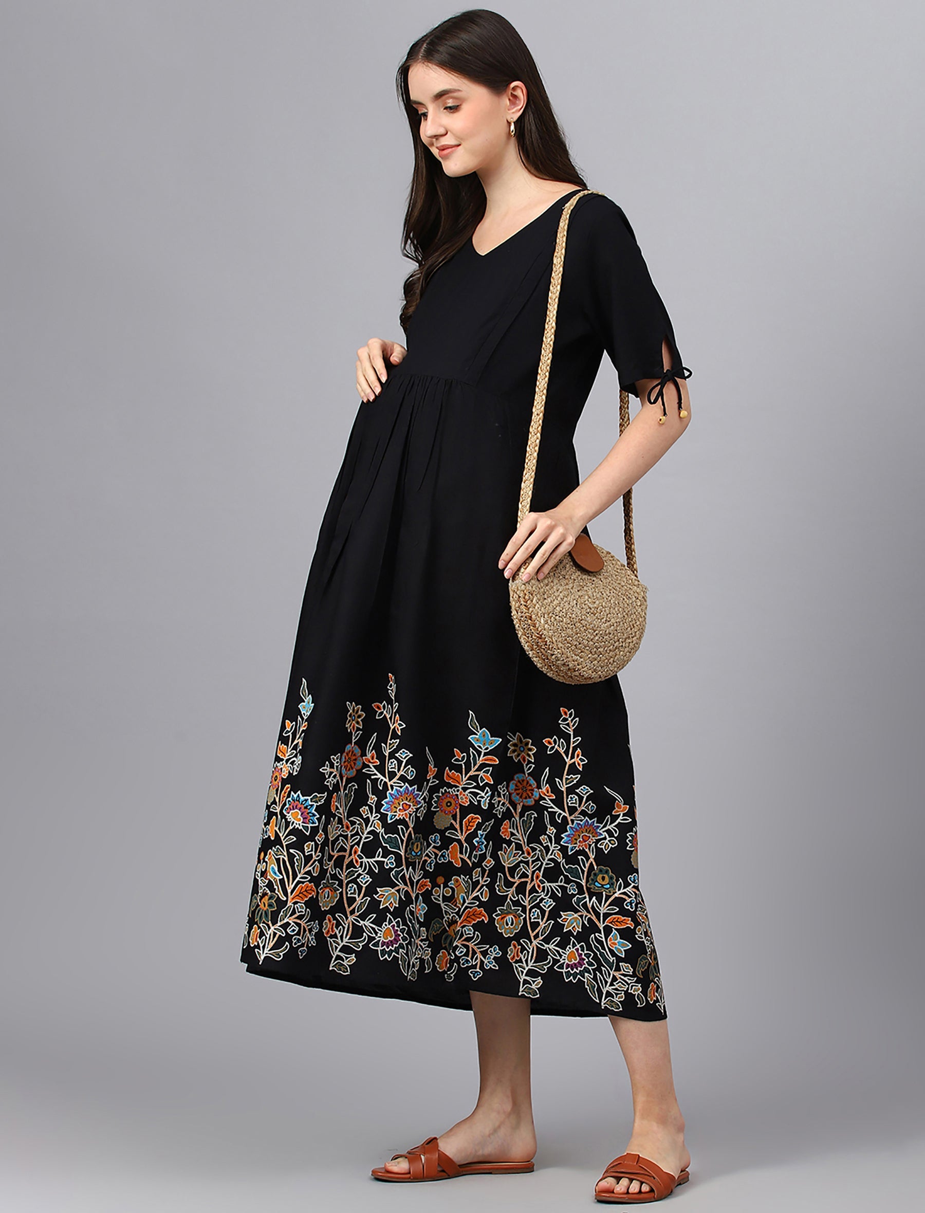 Black Printed Rayon Maternity/Feeding Gown