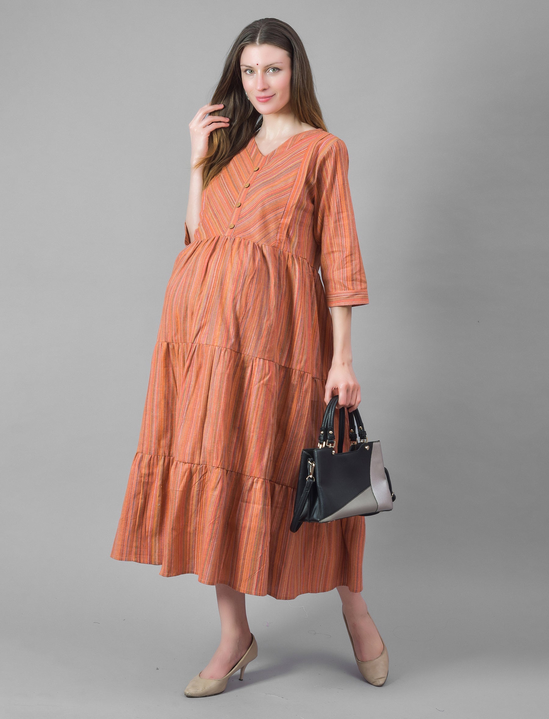 Caramel Printed Cotton Maternity/Feeding Gown