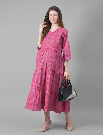 Dark Pink Printed Cotton Maternity/Feeding Gown