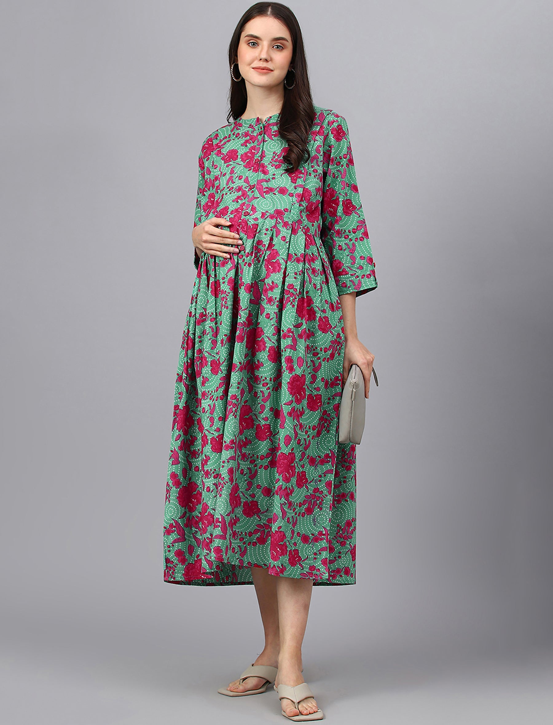 Green Printed Cotton Maternity/Feeding Gown