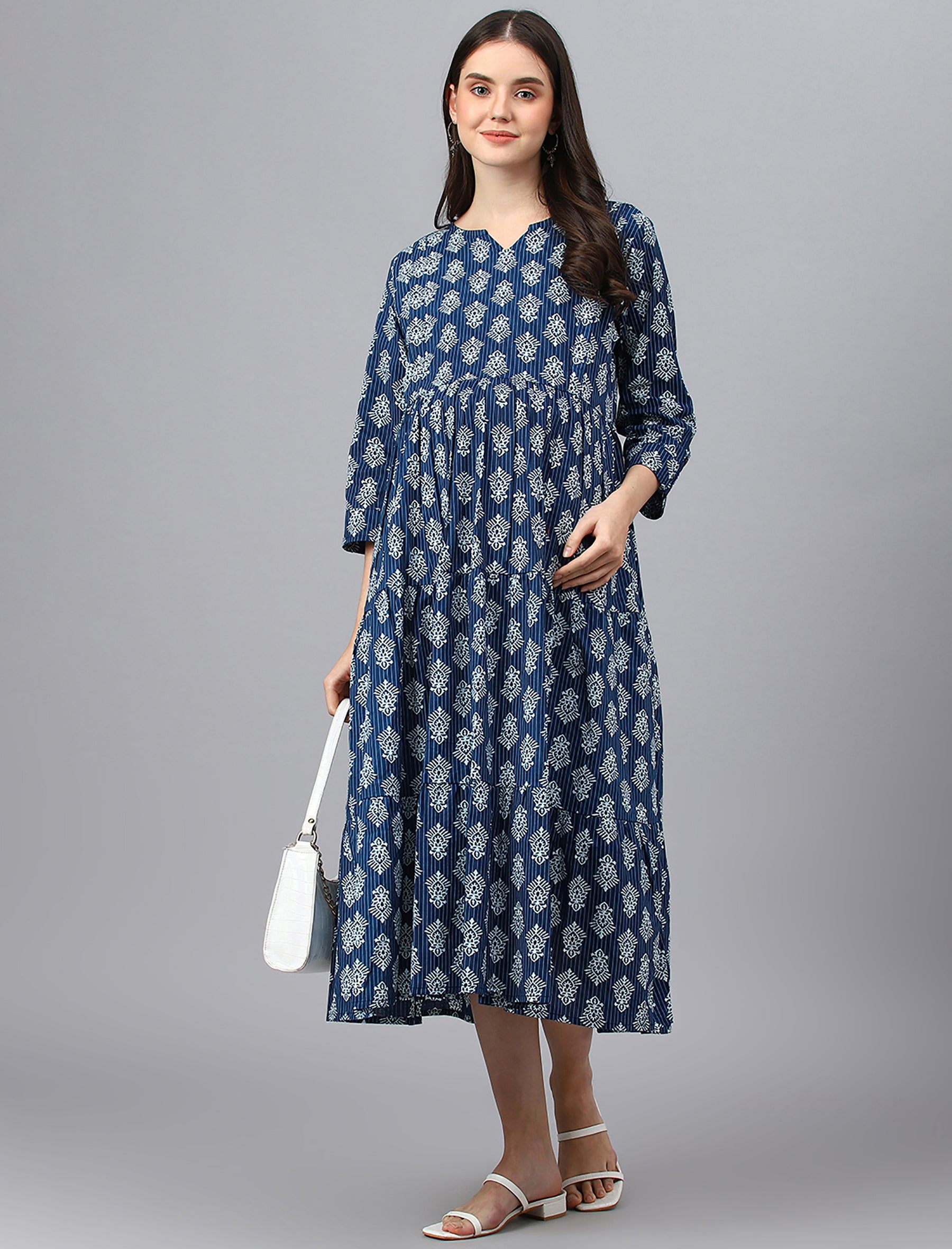 Blue Butta Printed Cotton Maternity/Feeding Gown