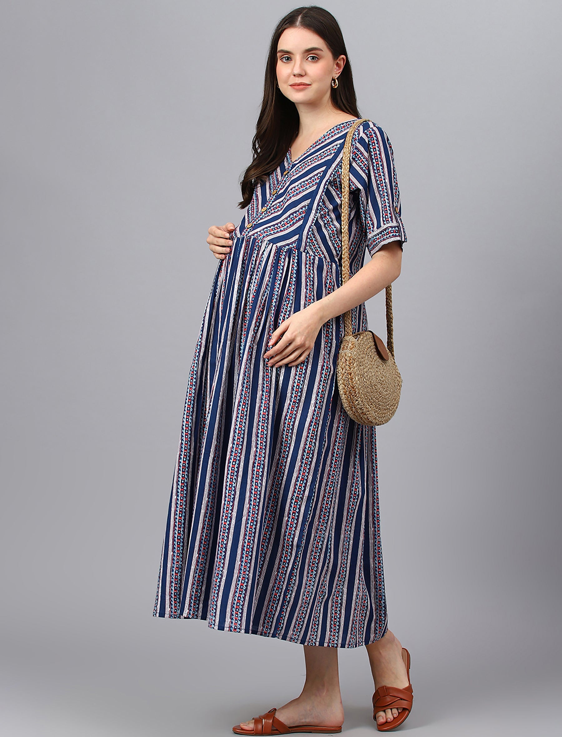 Navy Blue Butta Printed Cotton Maternity/Feeding Gown