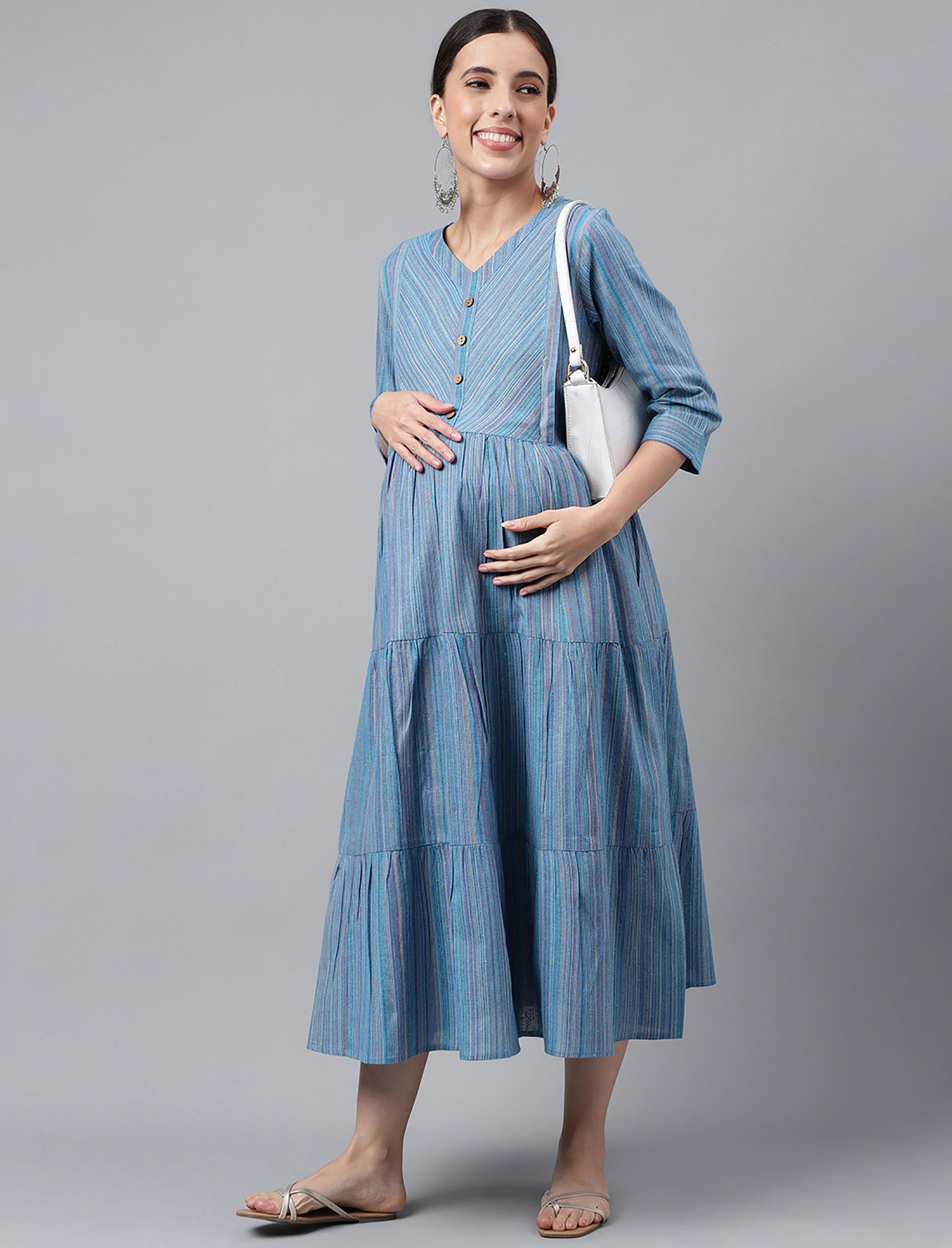 Deep Sky Blue Printed Cotton Maternity/Feeding Gown