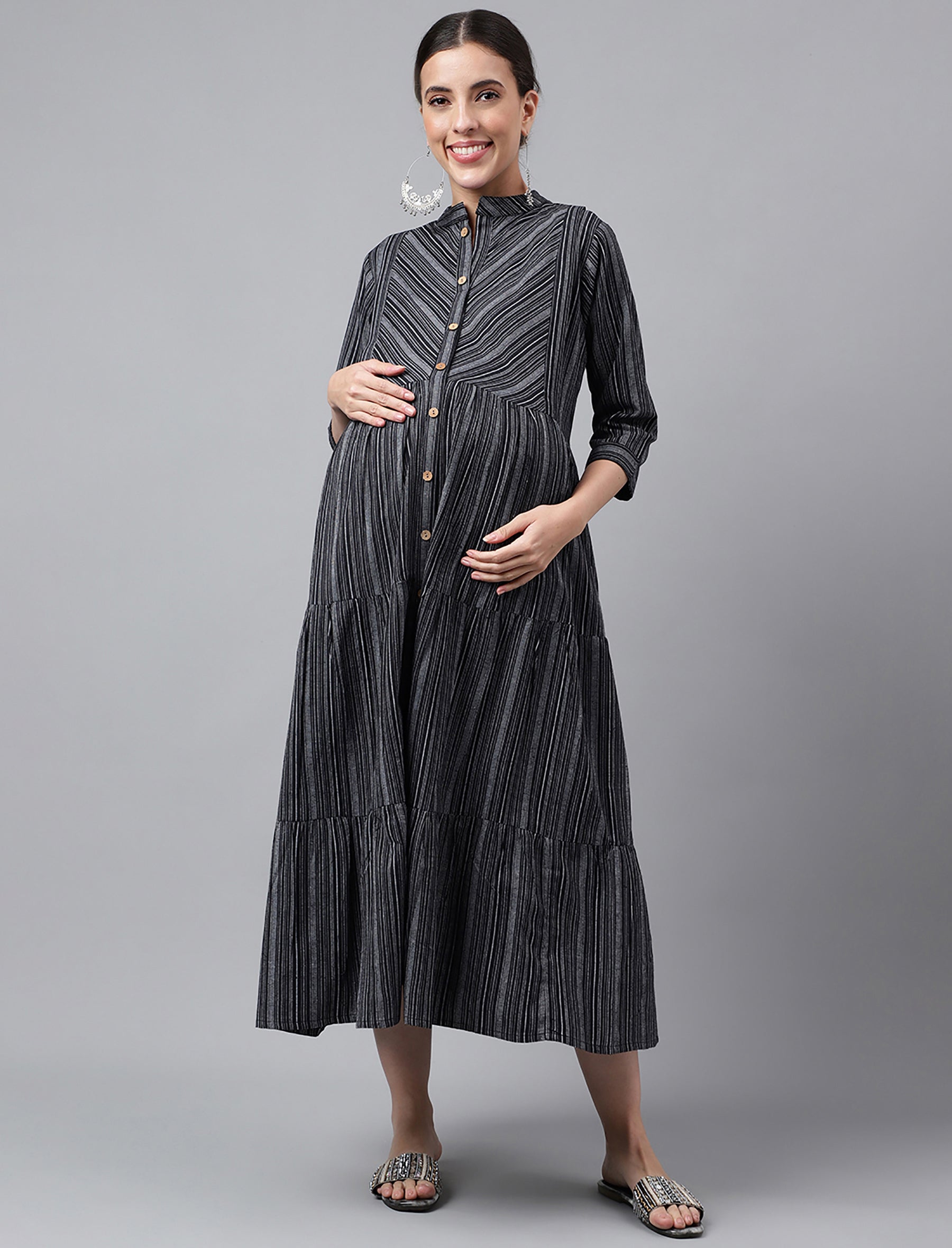 Black Printed Cotton Maternity/Feeding Gown