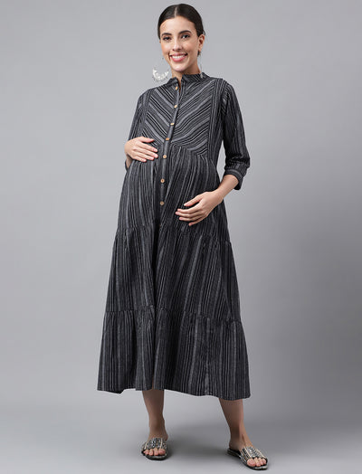 Black Printed Cotton Maternity/Feeding Gown