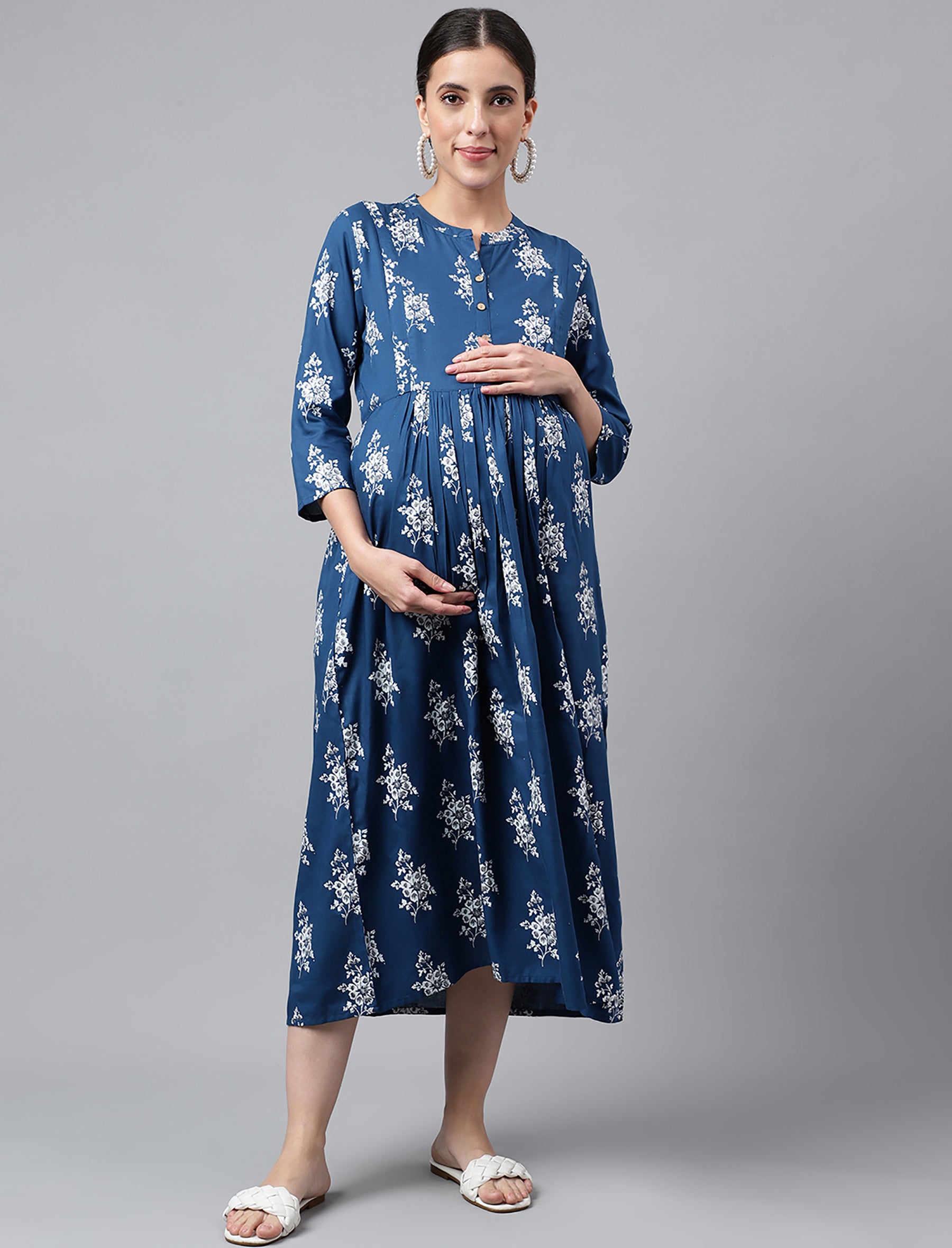 Blue Butta Printed Rayon Maternity/Feeding Gown