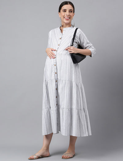 White Printed Cotton Maternity/Feeding Gown