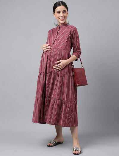 Marron Printed Cotton Maternity/Feeding Gown