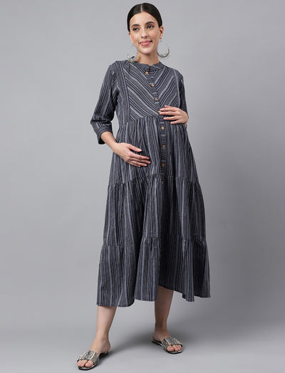 Grey Printed Cotton Maternity/Feeding Gown