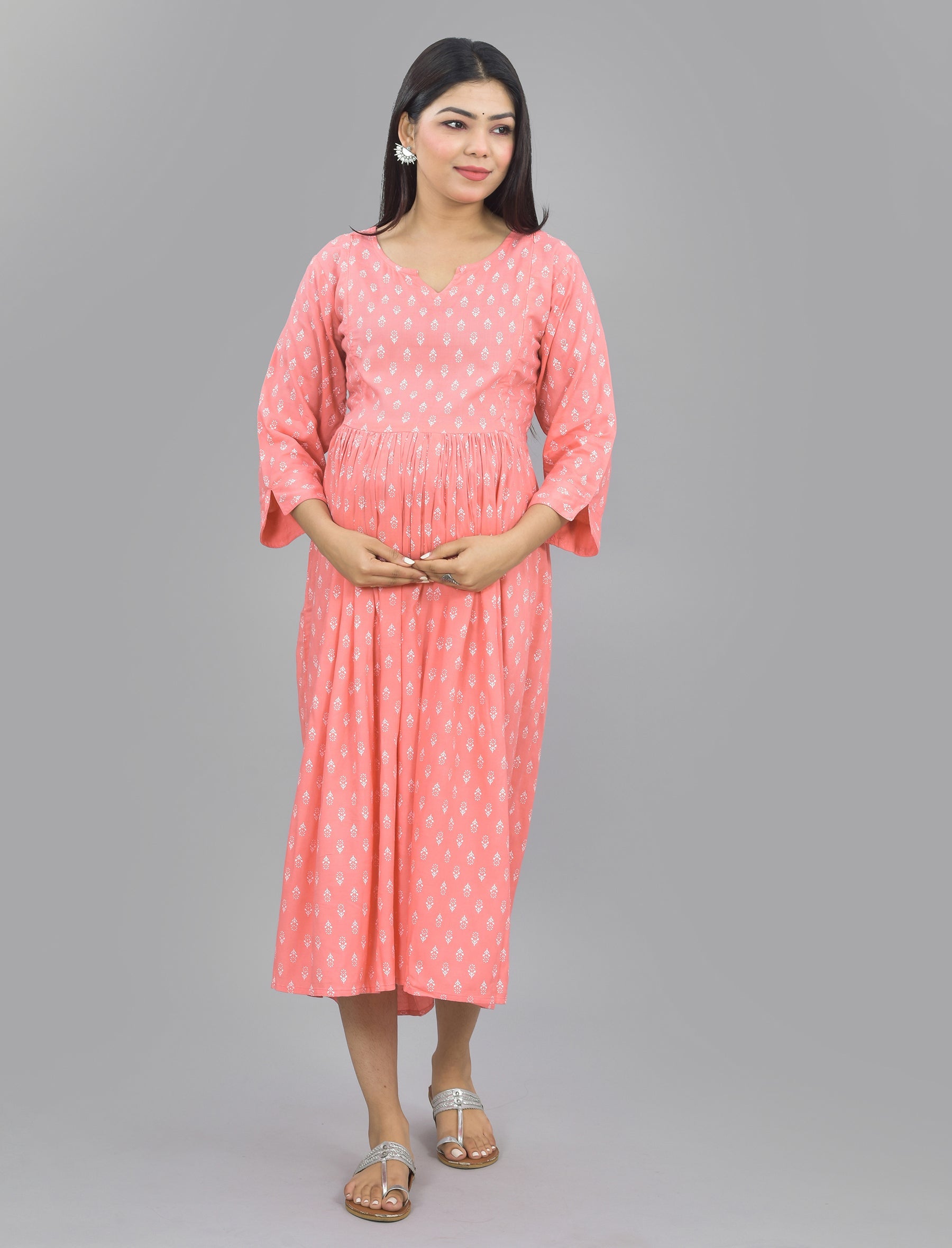 Baby Pink Butti Printed Cotton Maternity/Feeding Gown