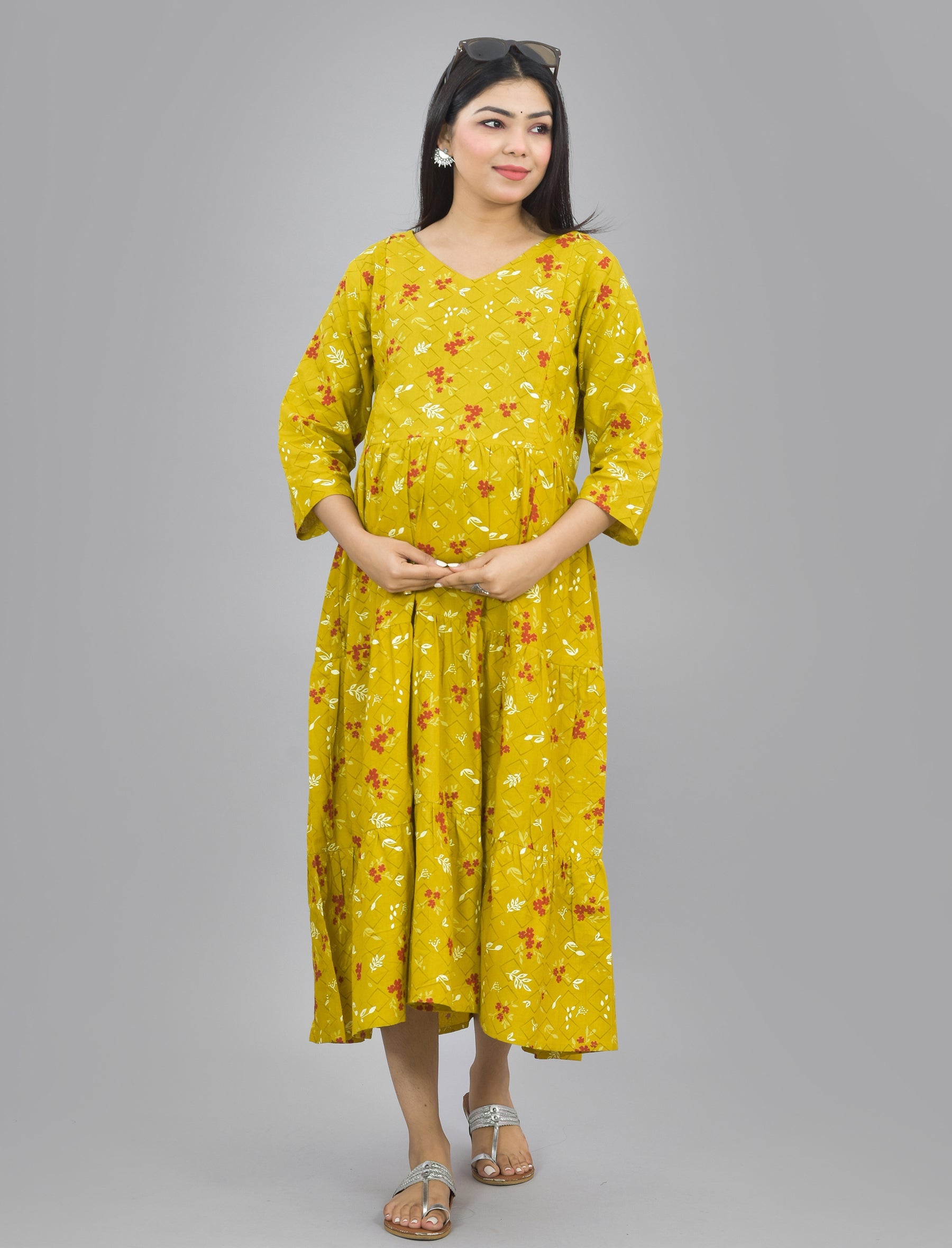 Mustard Printed Cotton Maternity/Feeding Gown