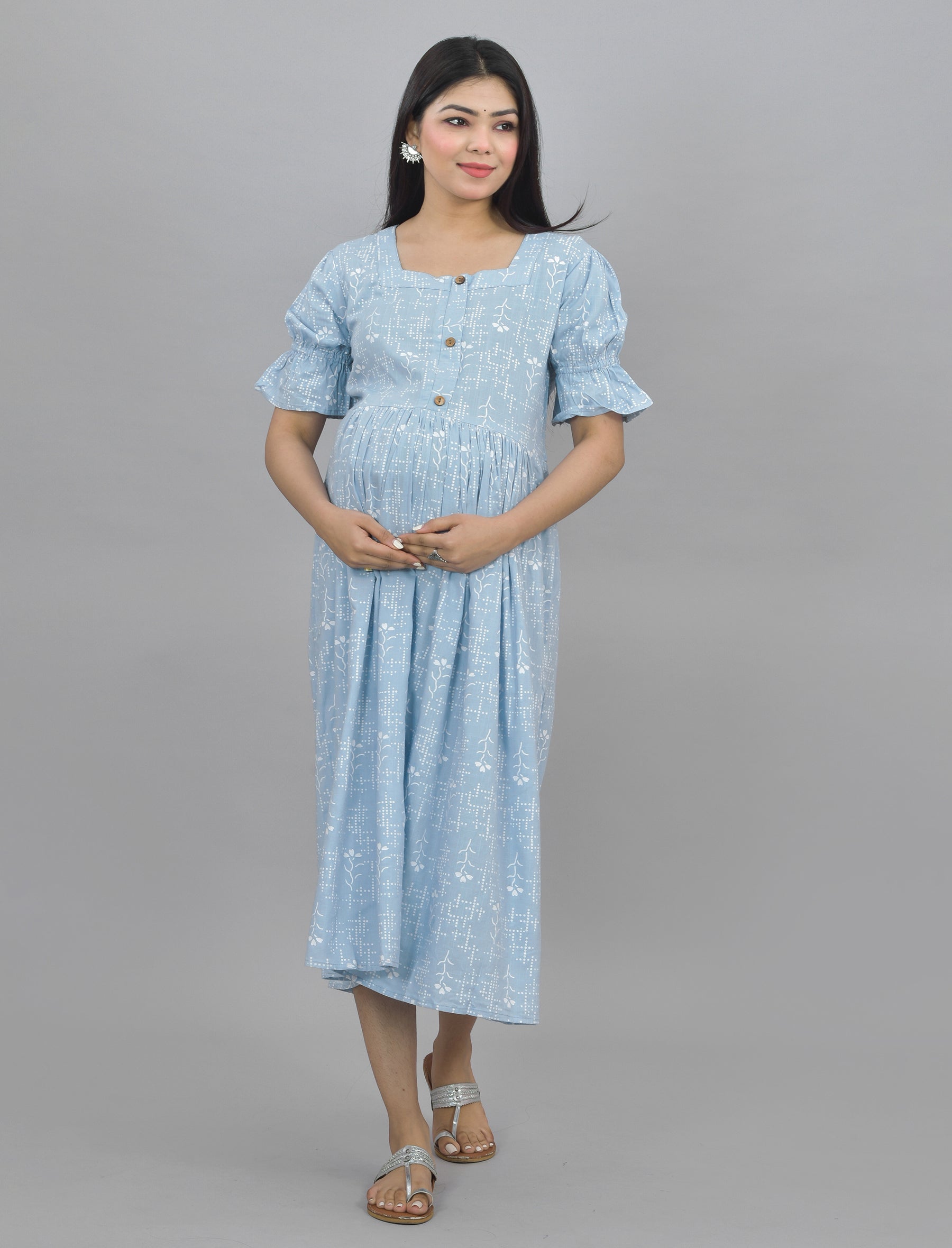 Sky Blue Printed Cotton Maternity/Feeding Gown