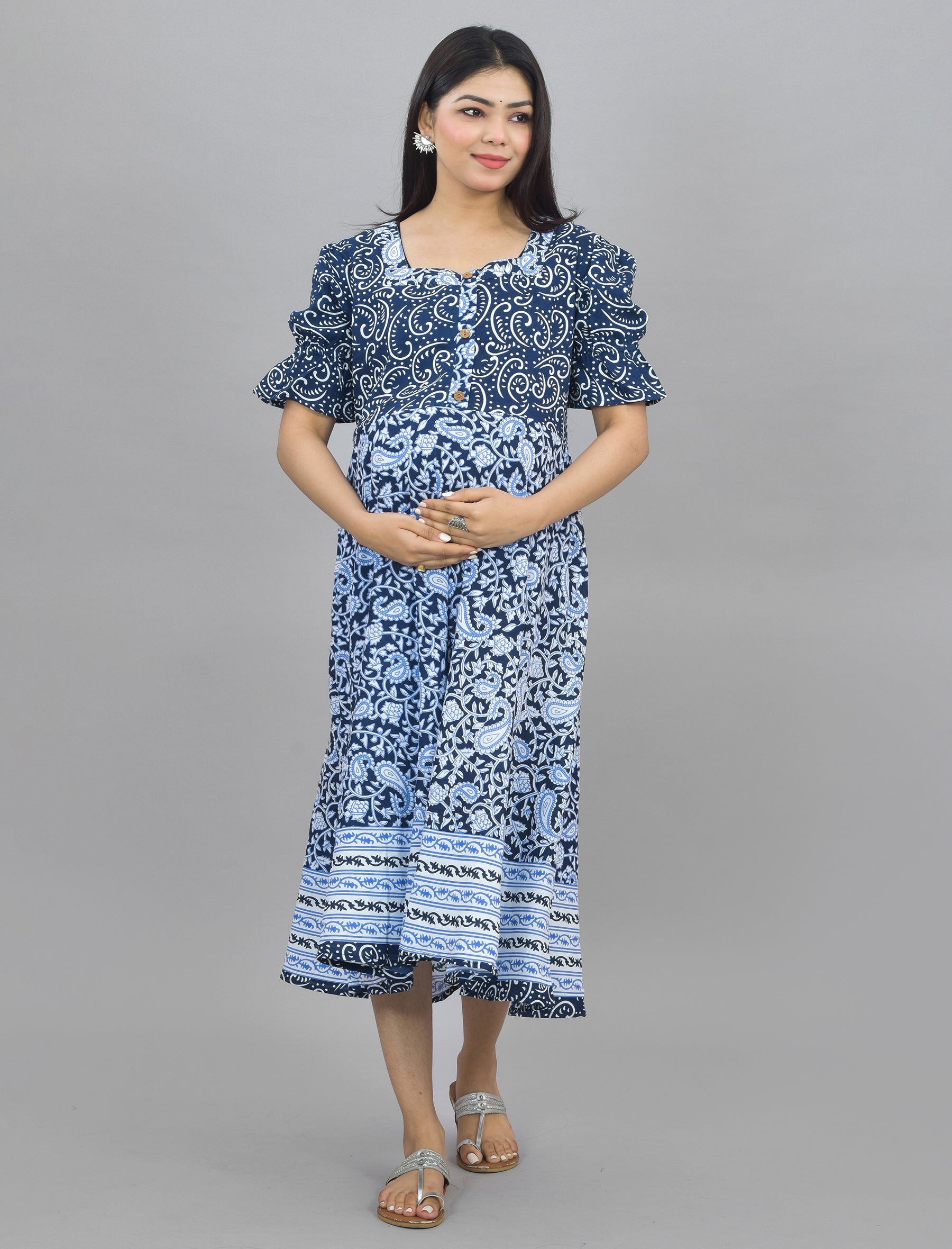 Dark Blue Printed Cotton Maternity/Feeding Gown