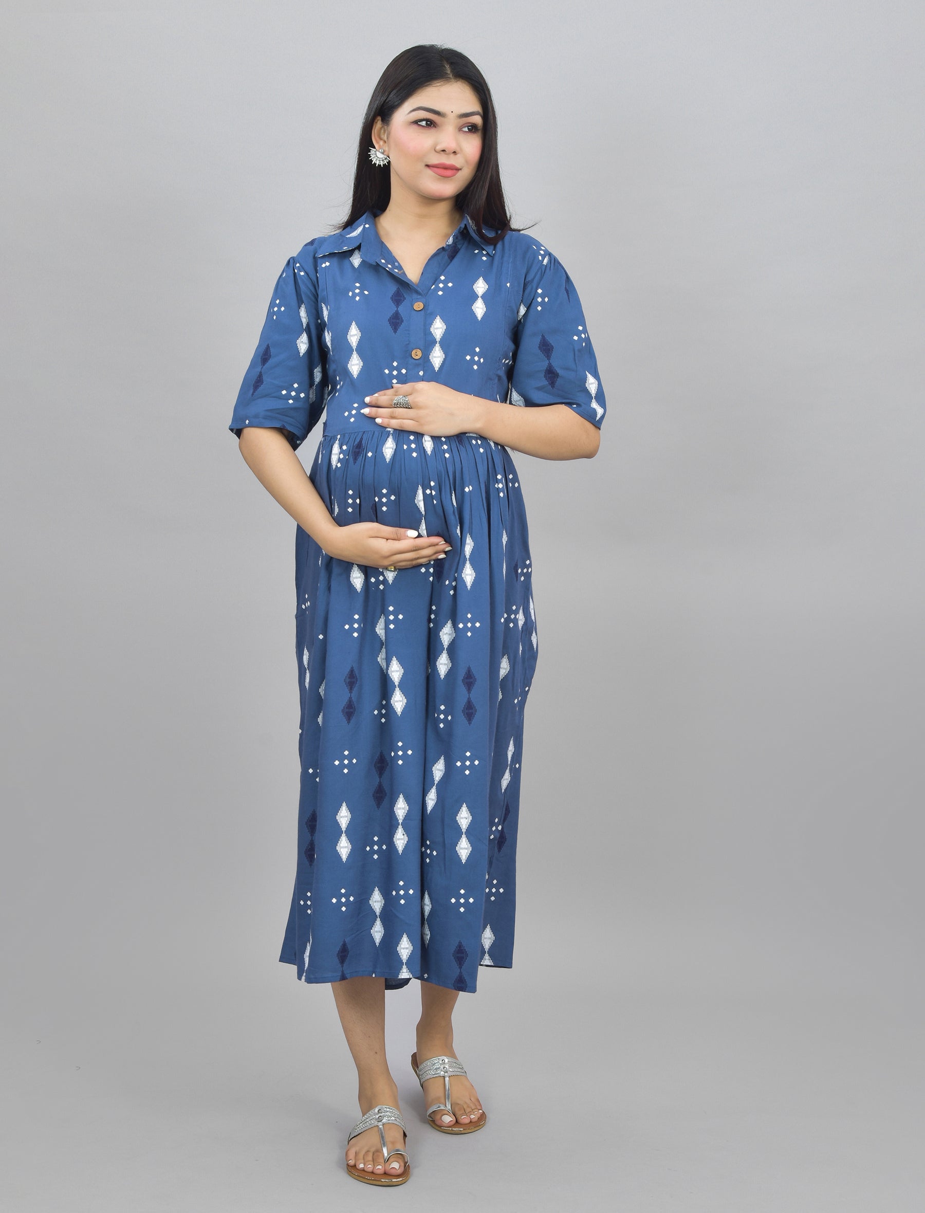 Blue Printed Cotton Maternity/Feeding Gown