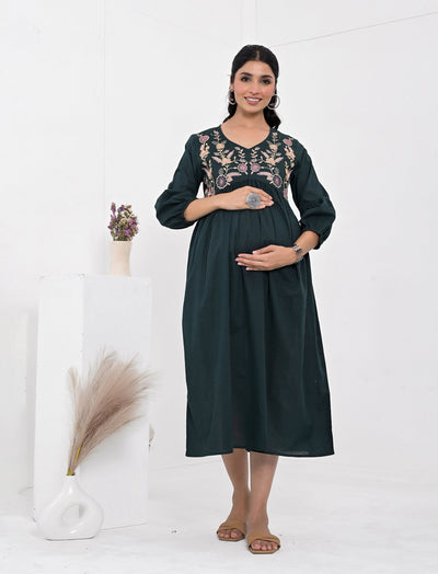 Dark Printed Cotton Maternity/Feeding Gown