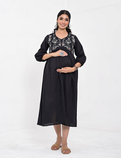 Black Printed Cotton Maternity/Feeding Gown