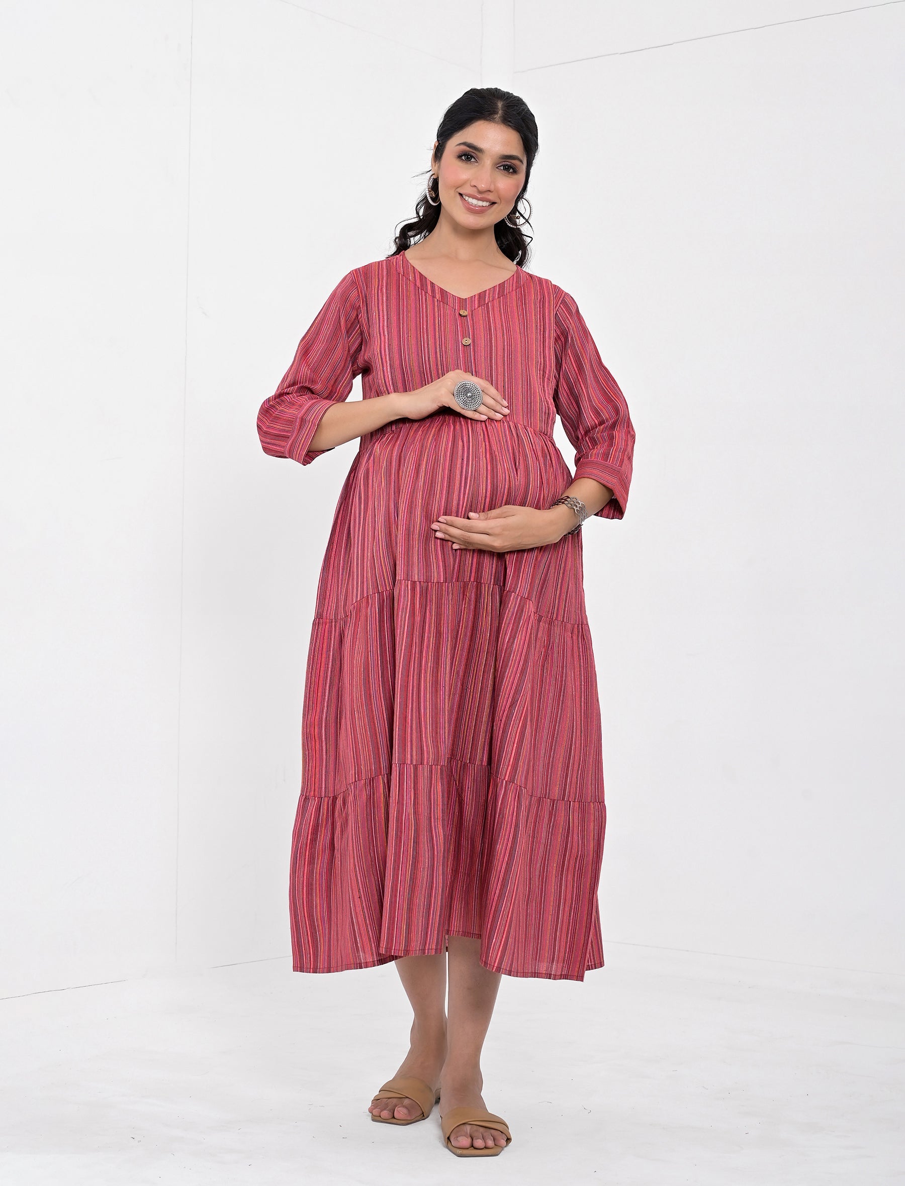 Marron Strip Printed Cotton Maternity/Feeding Gown