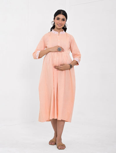 Peach Solid Embroidery Cotton Maternity/Feeding Gown