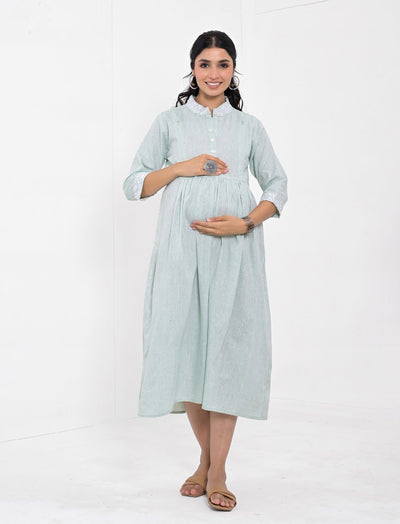 Light Grey Solid Embroidery Cotton Maternity/Feeding Gown