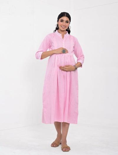 Light Pink Solid Embroidery Cotton Maternity/Feeding Gown