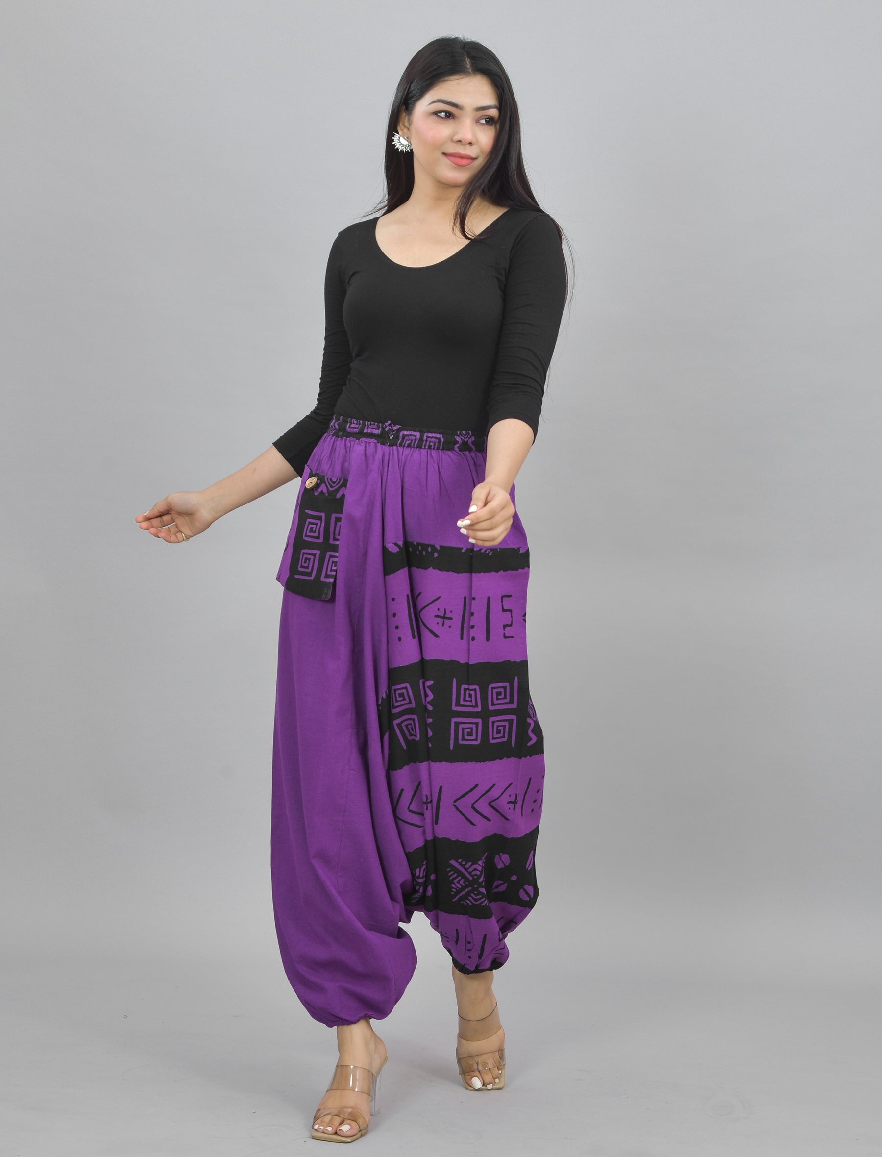 Purple Abstract Printed Harem Pant With Pockets