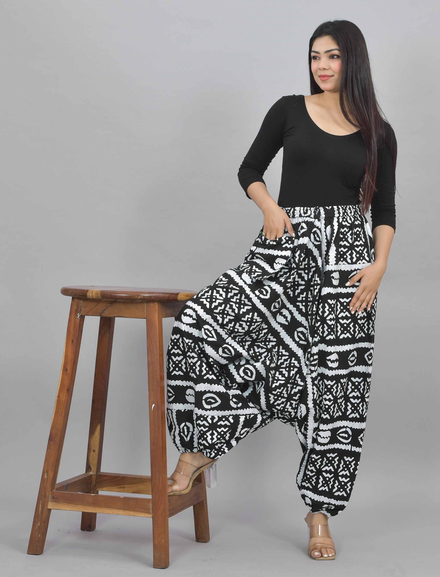 White Abstract Printed Harem Pant With Pockets