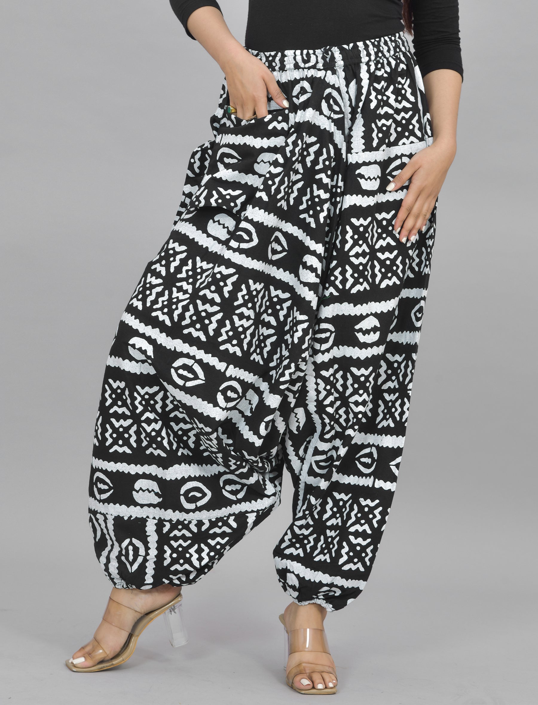 White Abstract Printed Harem Pant With Pockets