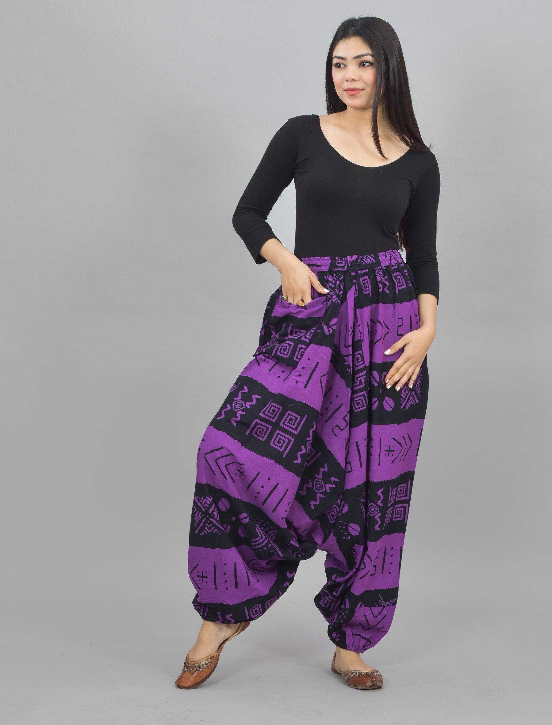 Purple Abstract Printed Harem Pant With Pockets