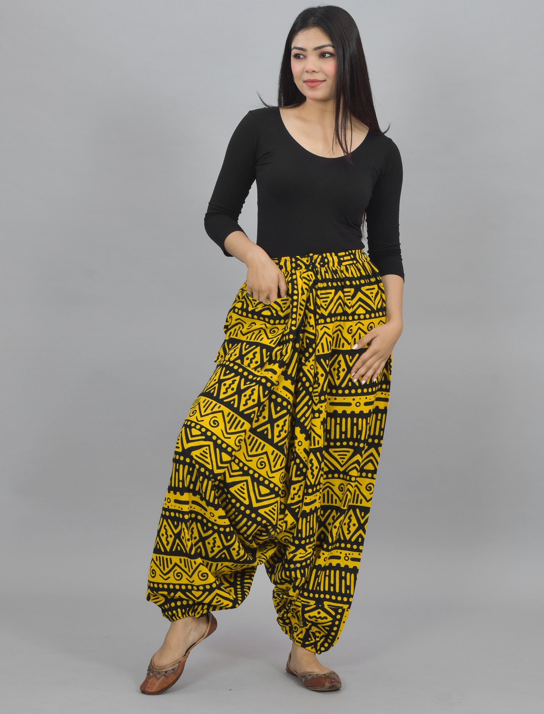 Yellow Abstract Printed Harem Pant With Pockets