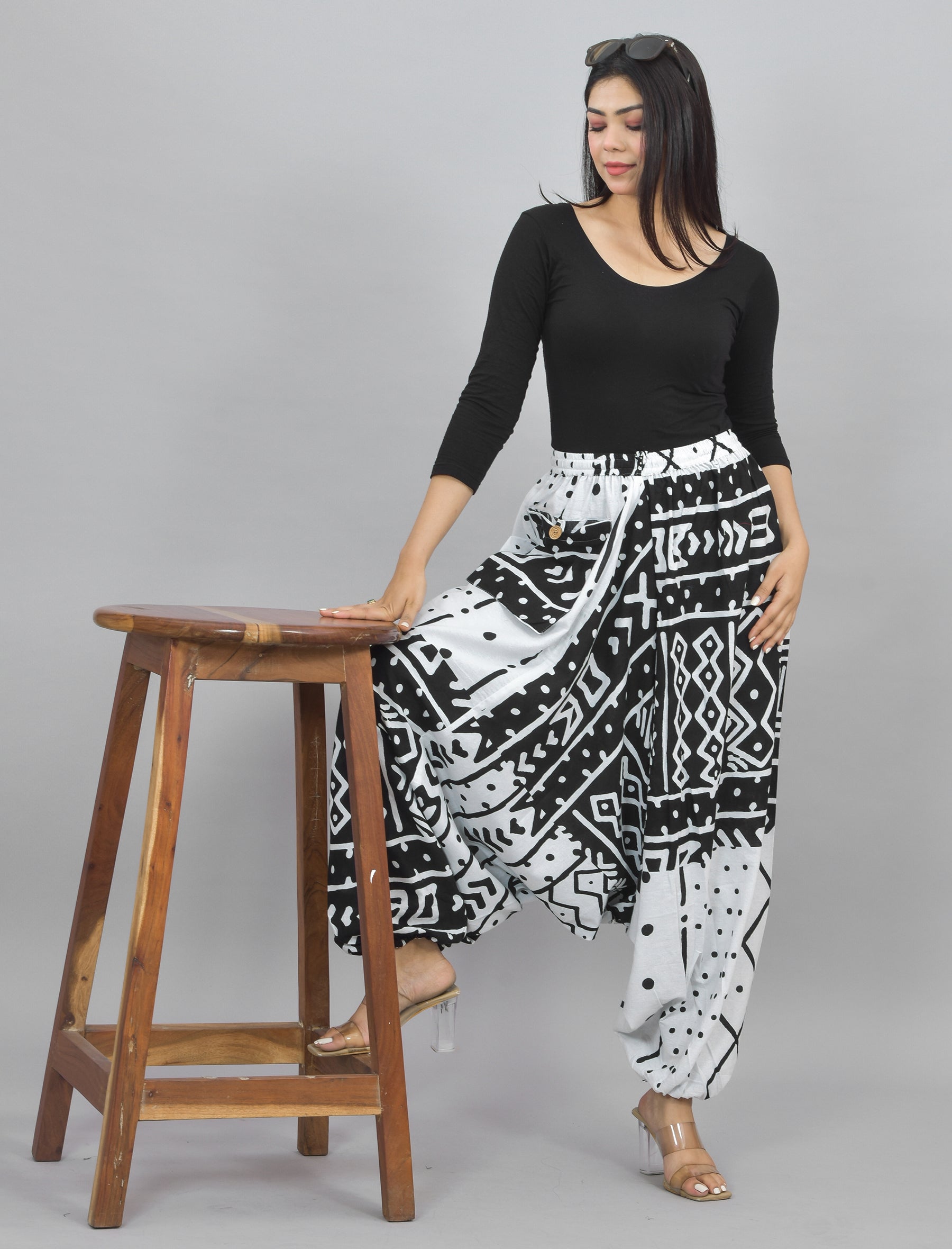 White Abstract Printed Harem Pant With Pockets