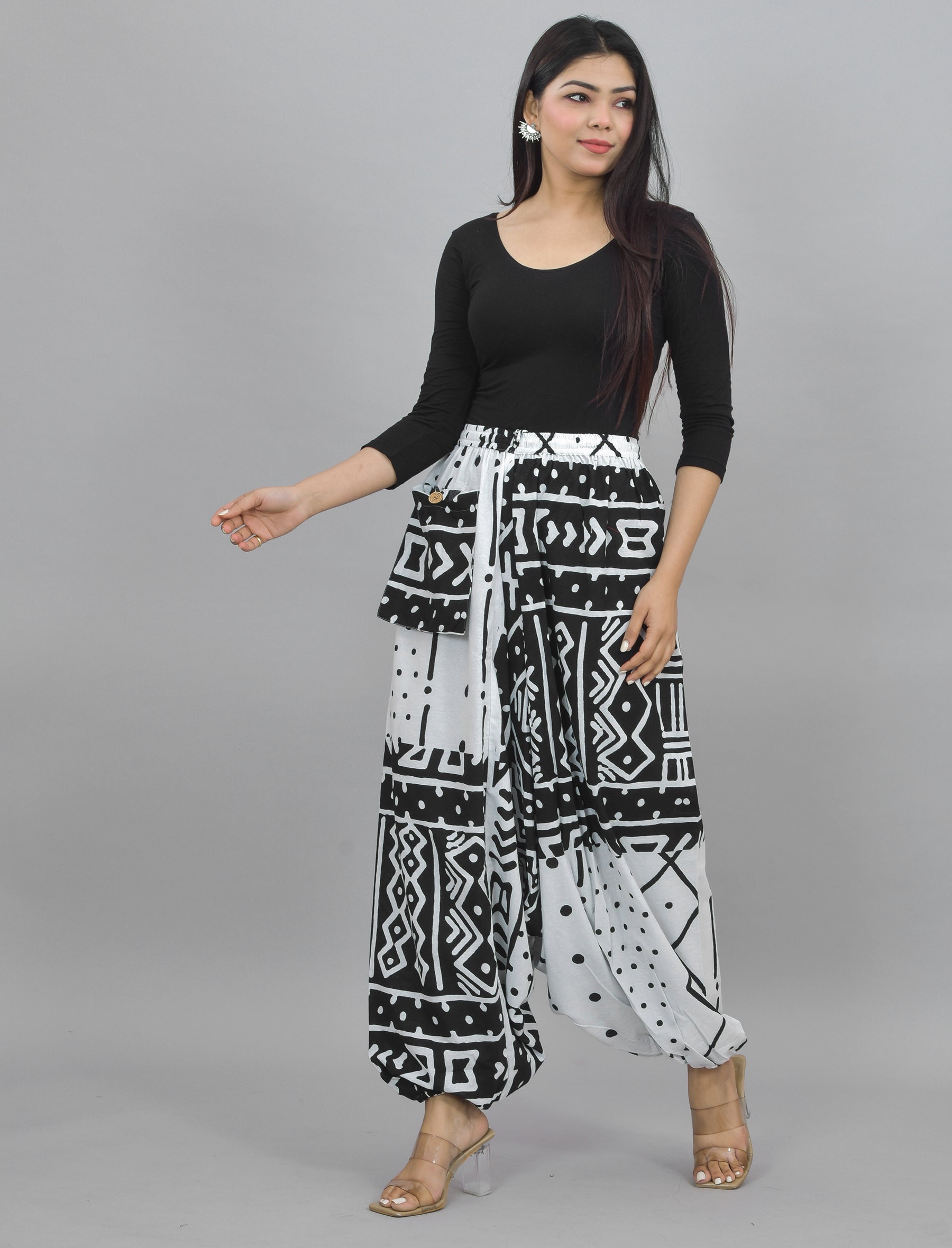 White Abstract Printed Harem Pant With Pockets