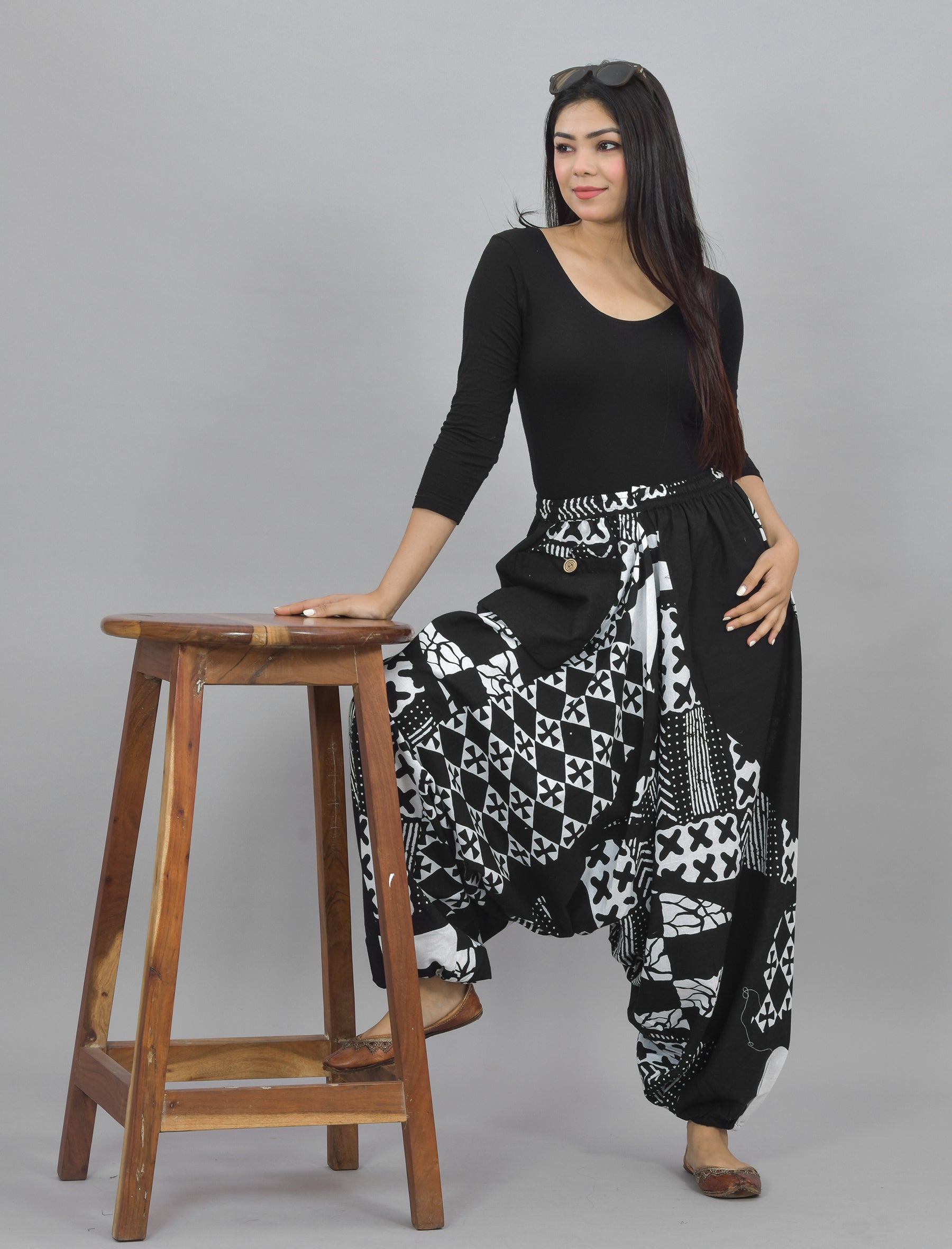 Black Abstract Printed Harem Pant With Pockets