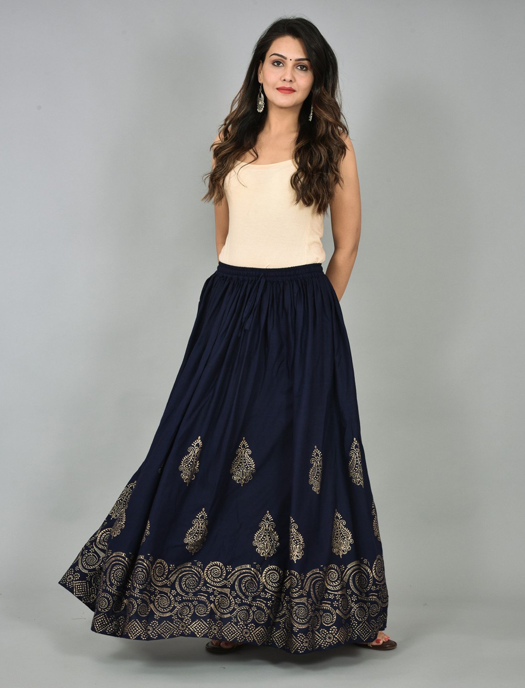 Navy Solid Foil Printed Rayon Long Skirt