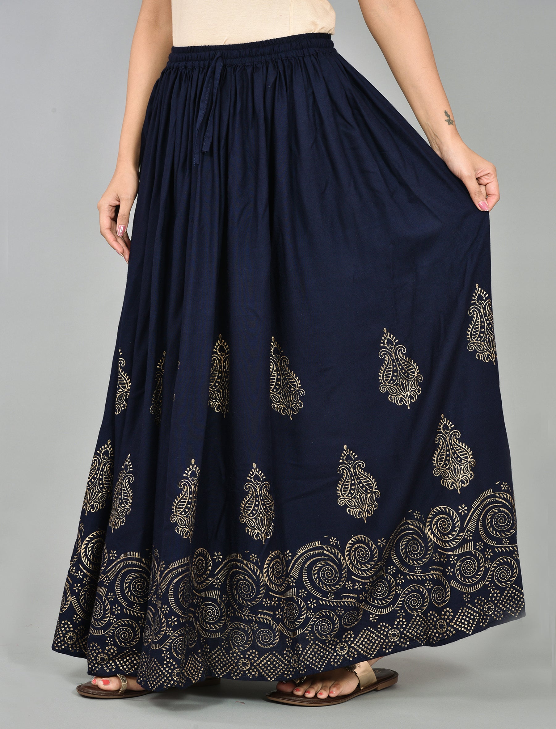 Navy Solid Foil Printed Rayon Long Skirt