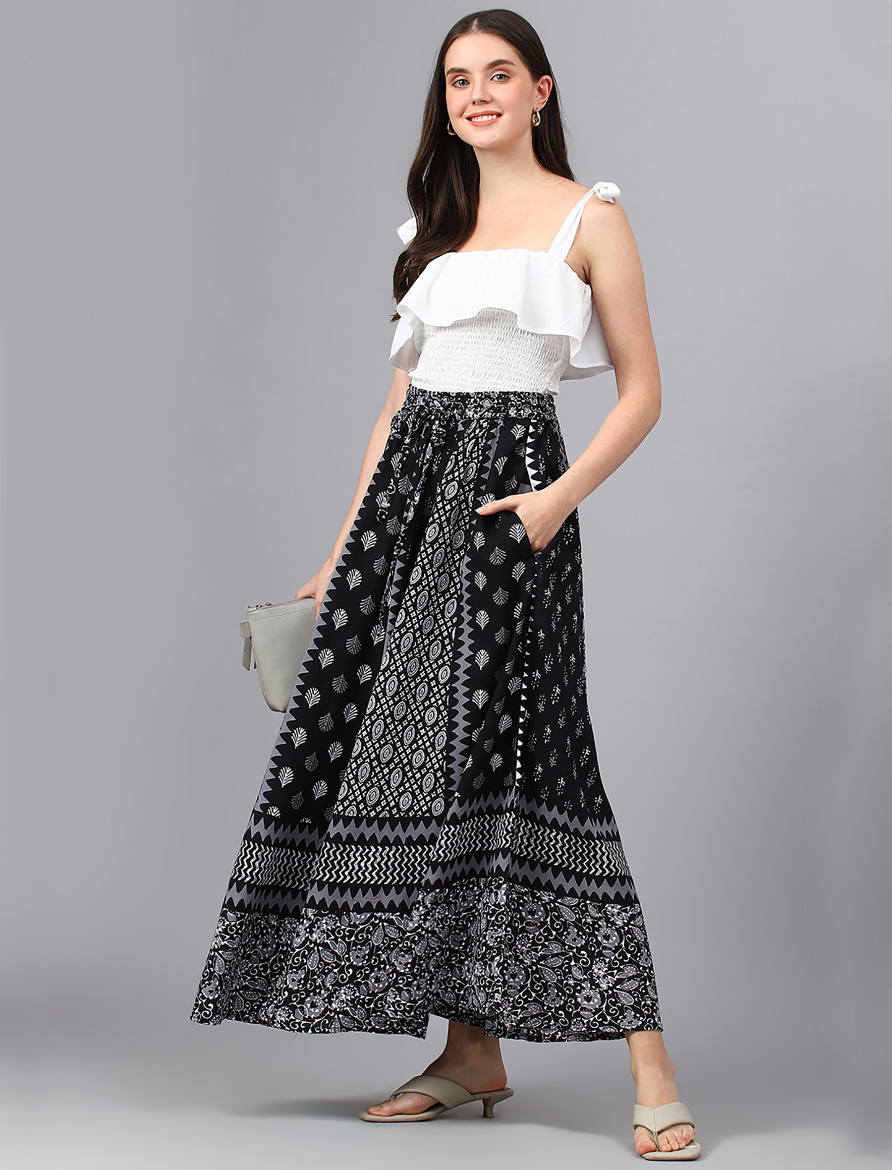 Black Cotton Multi Printed Long Skirt