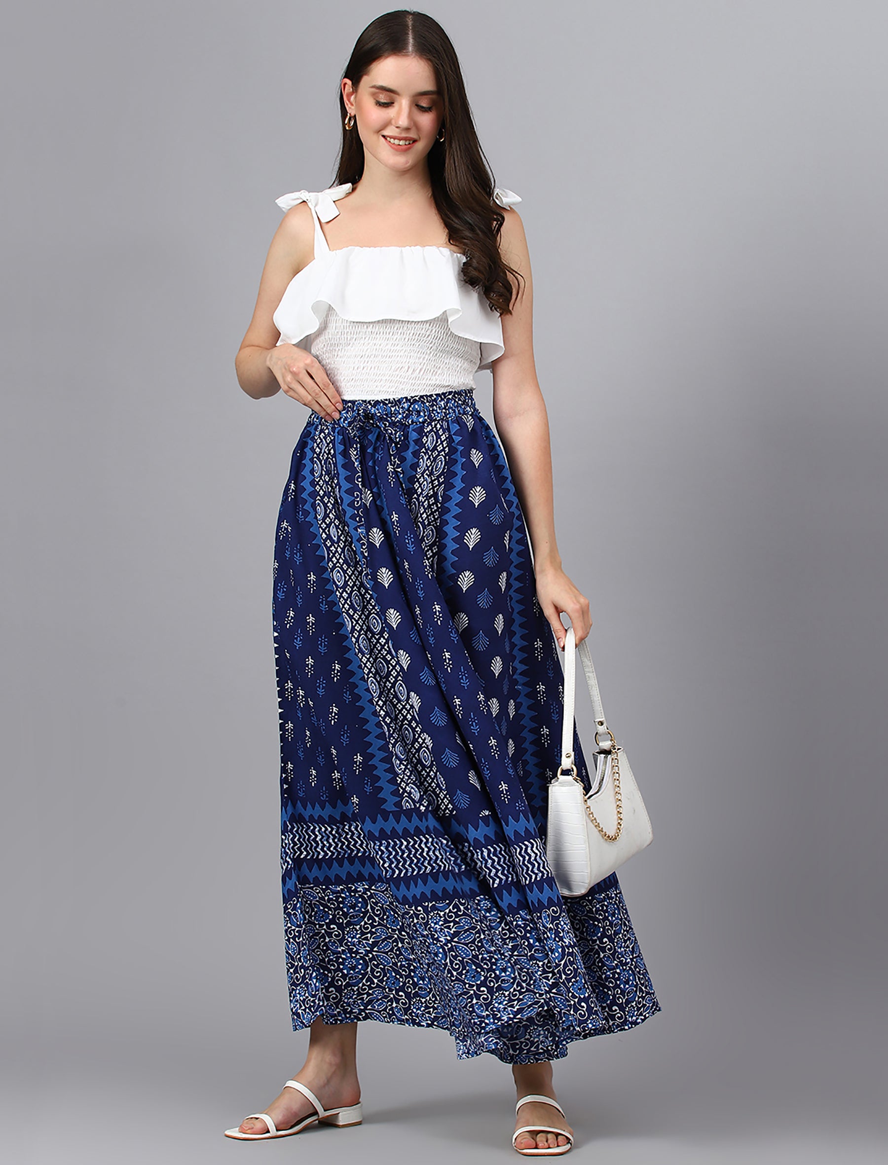 Blue Cotton Multi Printed Long Skirt