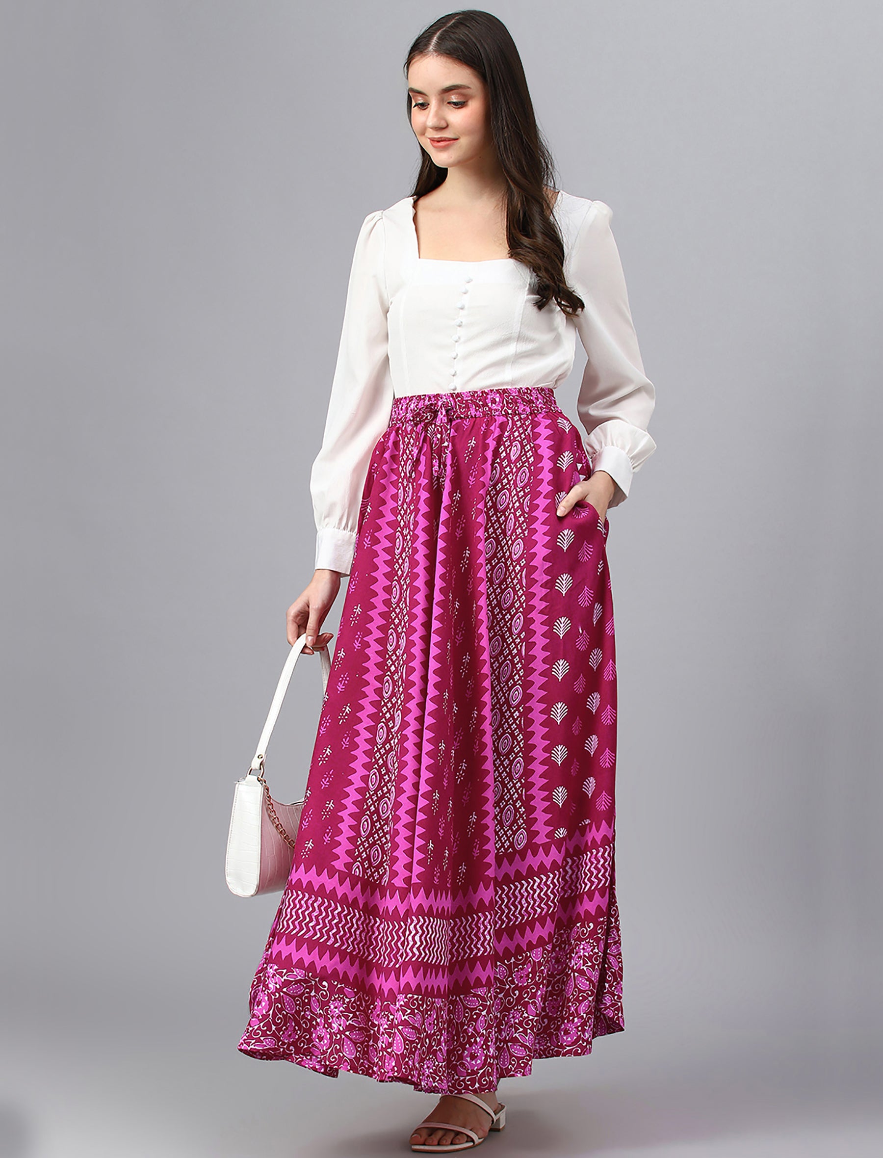 Pink Cotton Multi Printed Long Skirt