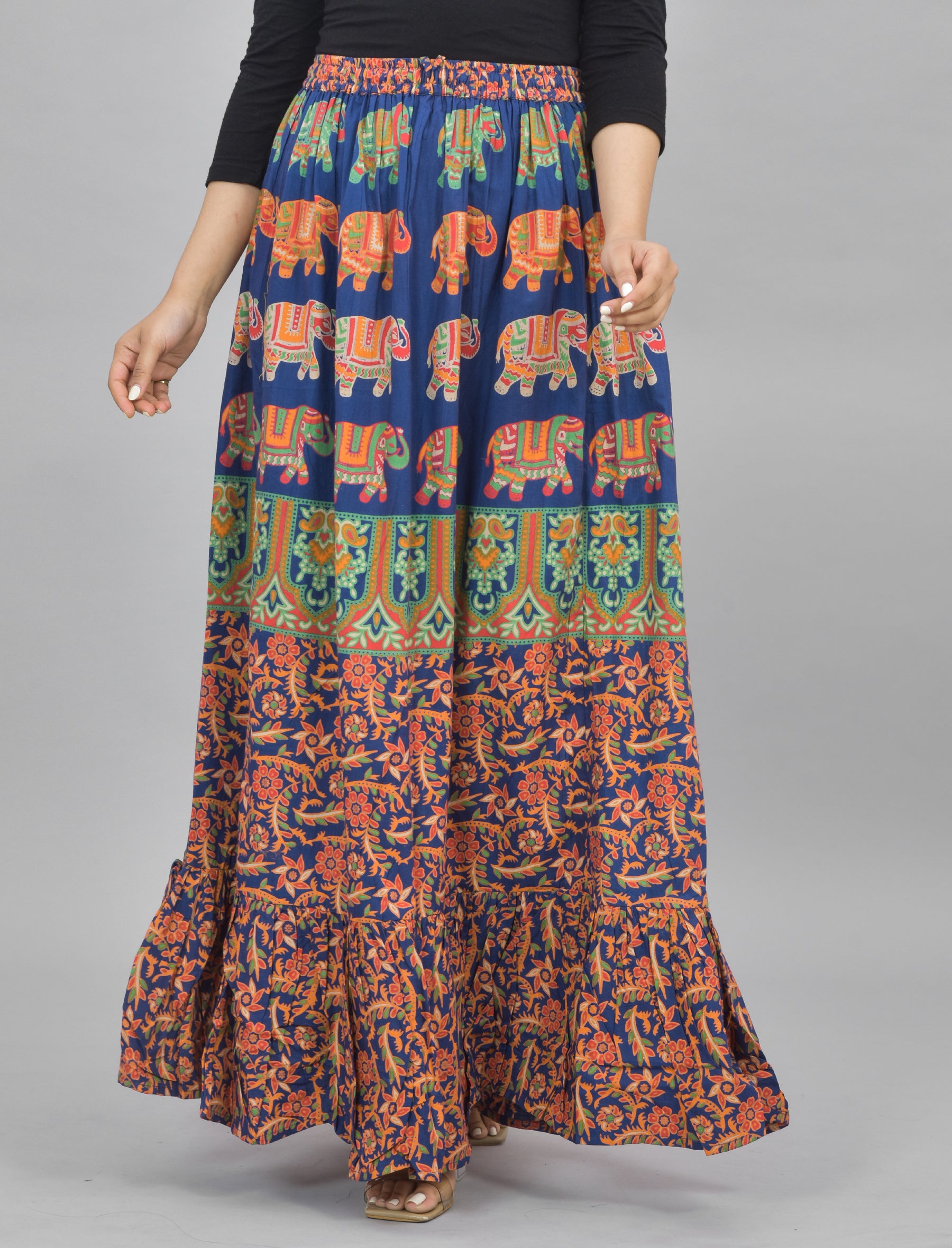 Multi Navy Cotton Multi Printed Long Skirt With Ethnic Prints