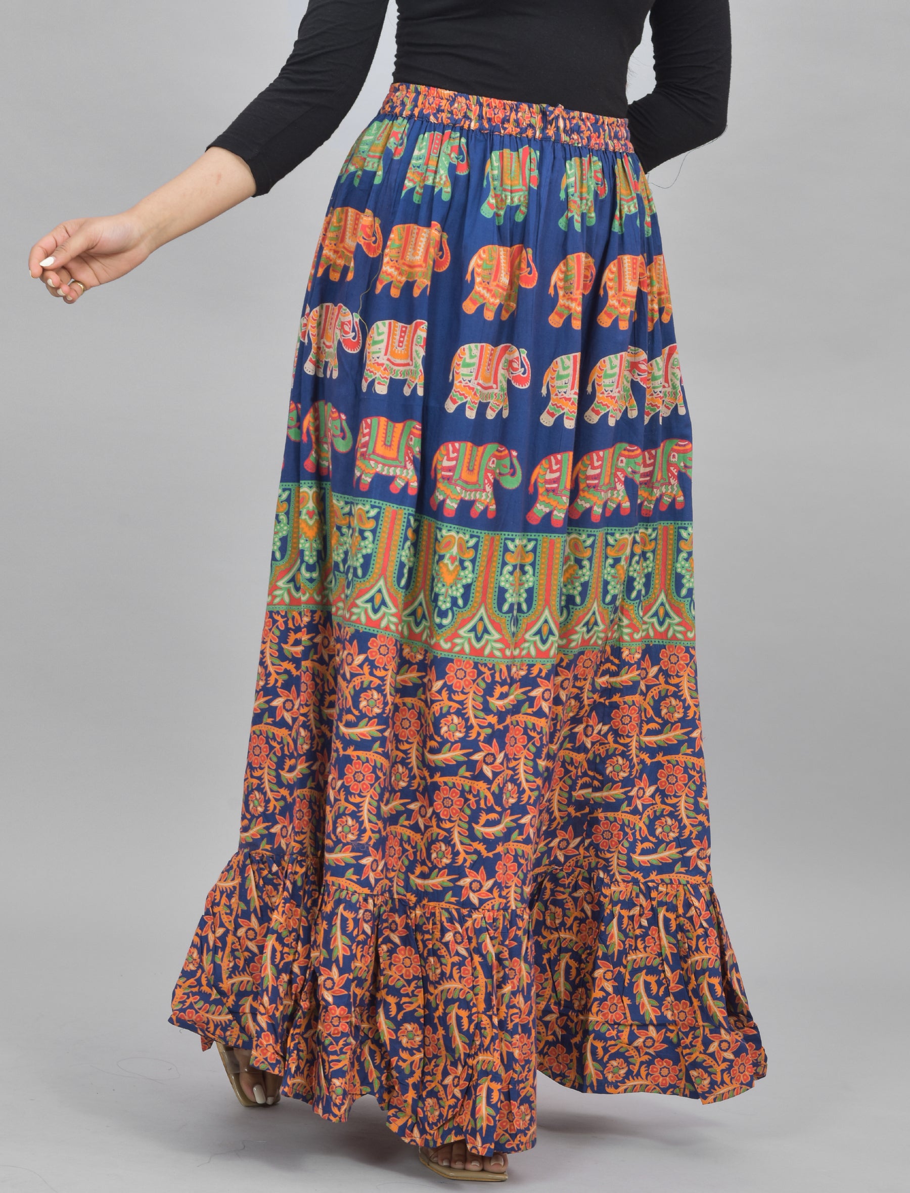 Multi Navy Cotton Multi Printed Long Skirt With Ethnic Prints